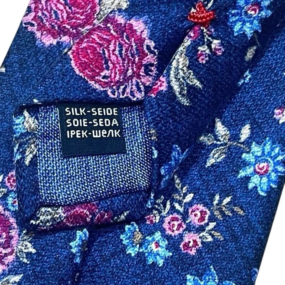 Edward Armah Extra Long Necktie 100% Silk Navy Diamante Print Florals Italy Made